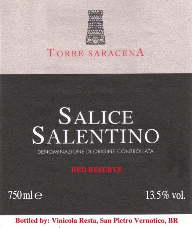 Vinicola Resta Salice Salentino Torre Saracena Riserva 2012 Front Label