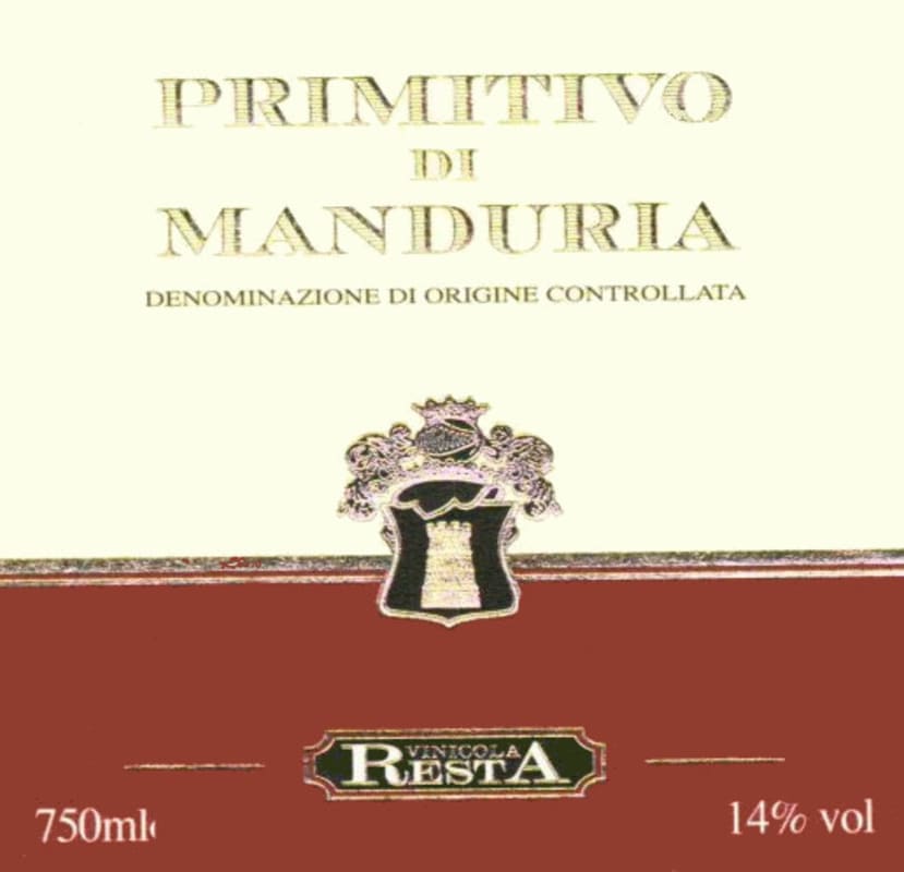 Vinicola Resta Primitivo di Manduria 2013 Front Label
