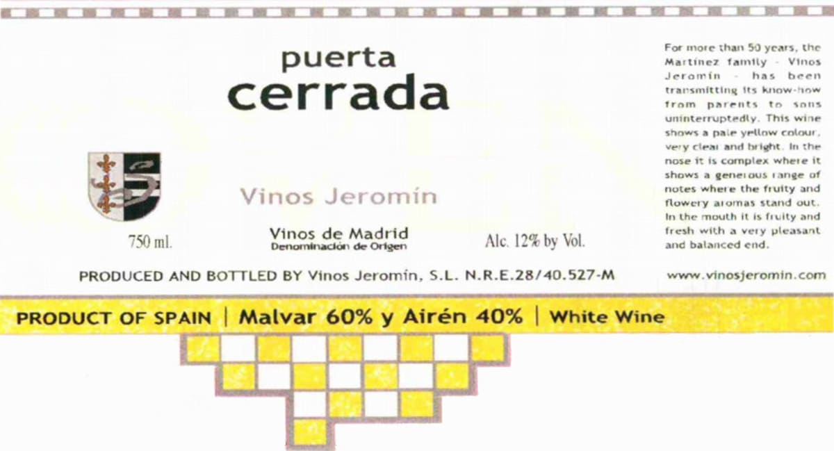 Vinos Jeromin Puerta Cerrada Blanco 2010 Front Label