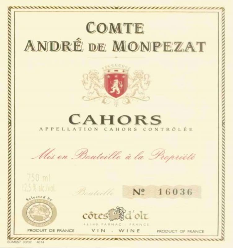 Vinovalie Cahors Les Cotes d'Olt Comte Andre de Monpezat 2008 Front Label