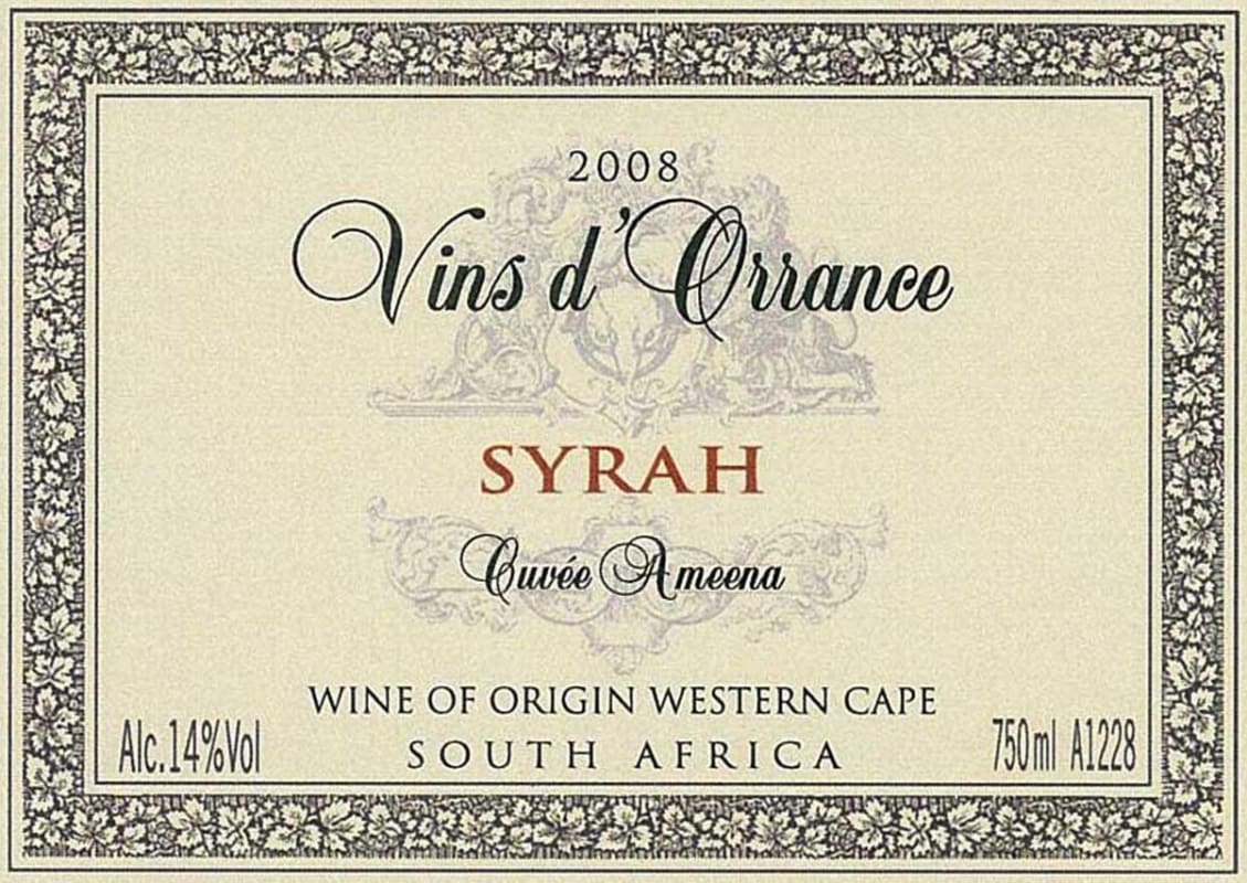 Vins d'Orrance Cuvee Ameena Syrah 2008 Front Label