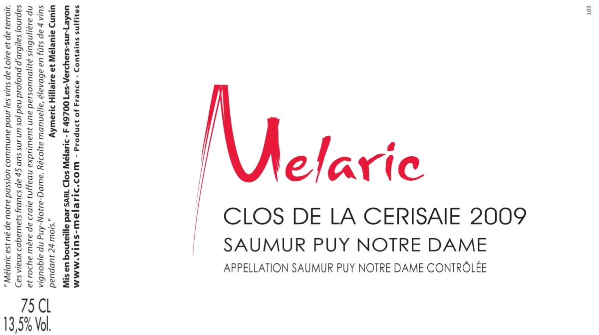 Vins Melaric Saumur Puy-Notre-Dame Clos de la Cerisaie 2009 Front Label
