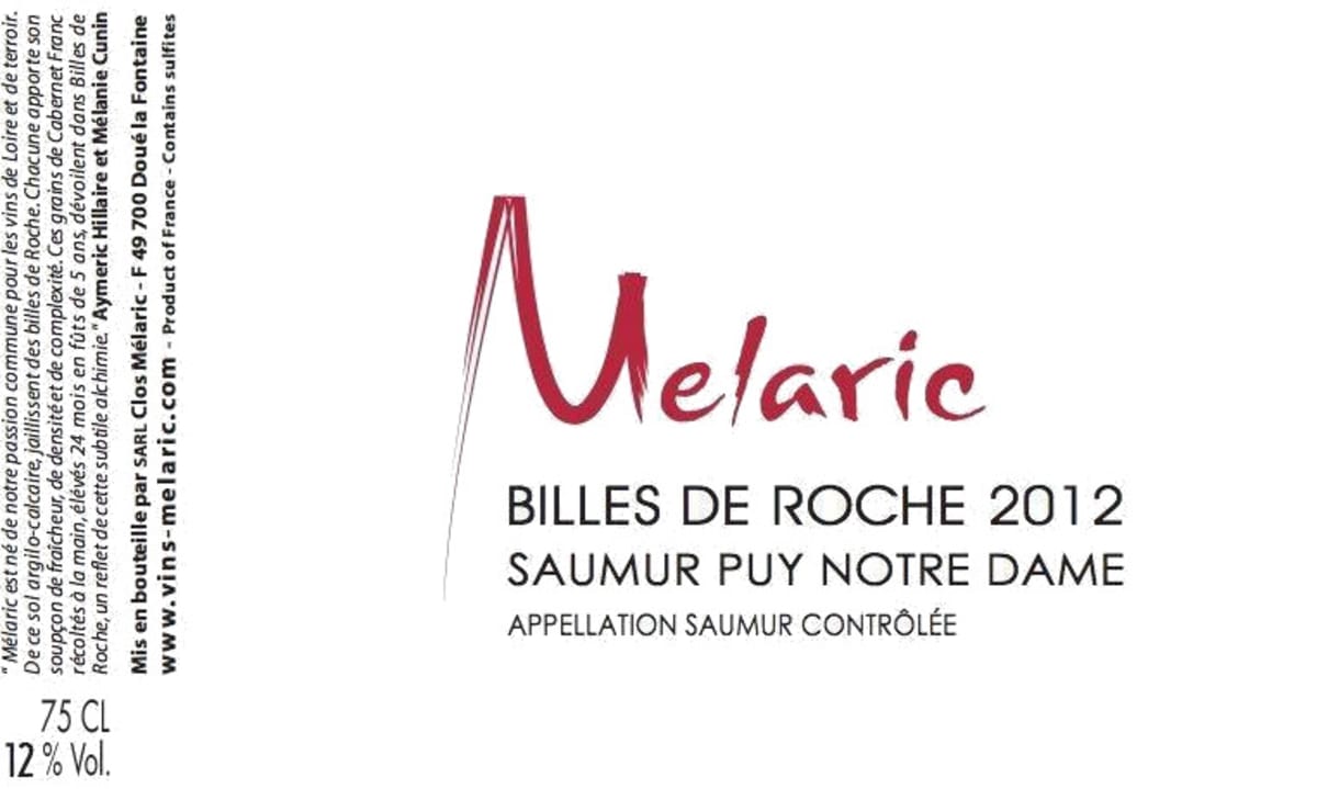 Vins Melaric Saumur Puy-Notre-Dame Billes de Roche Rouge 2012 Front Label
