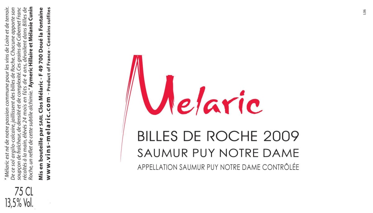 Vins Melaric Saumur Puy-Notre-Dame Billes de Roche Rouge 2009 Front Label