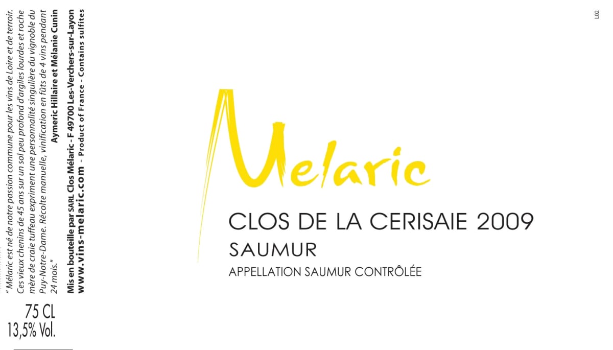 Vins Melaric Saumur Clos de la Cerisaie Blanc 2009 Front Label