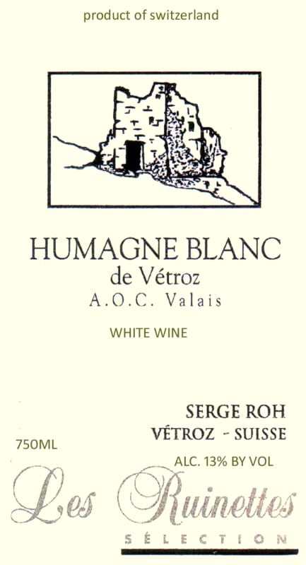 Vins Roh Humagne Blanc de Vetroz 2014 Front Label