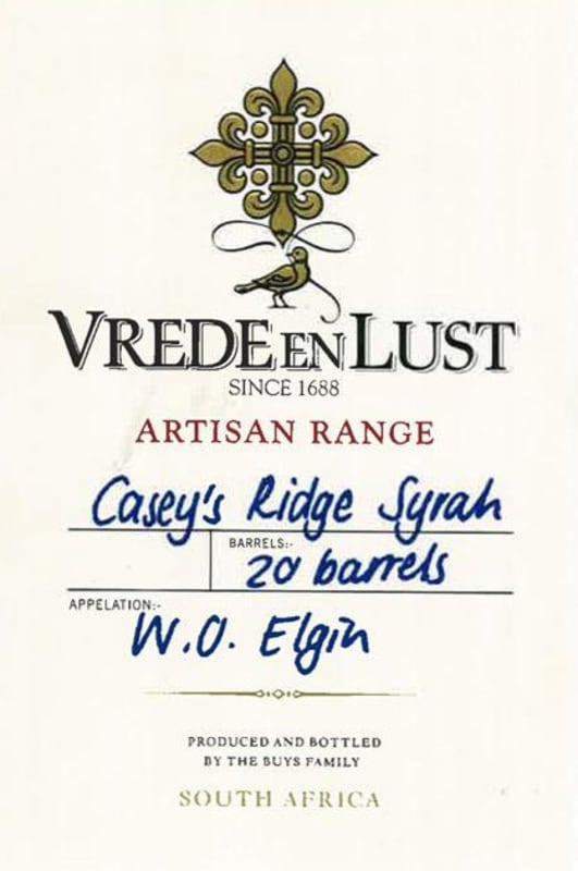 Vrede en Lust Casey's Ridge Syrah 2013 Front Label