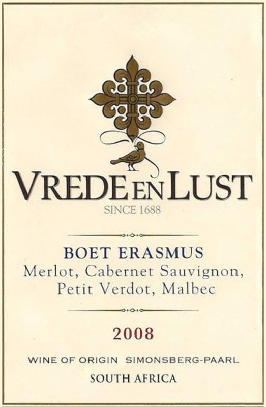 Vrede en Lust Boet Erasmus 2008 Front Label