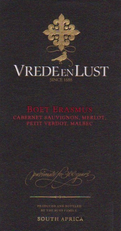 Vrede en Lust Boet Erasmus 2010 Front Label