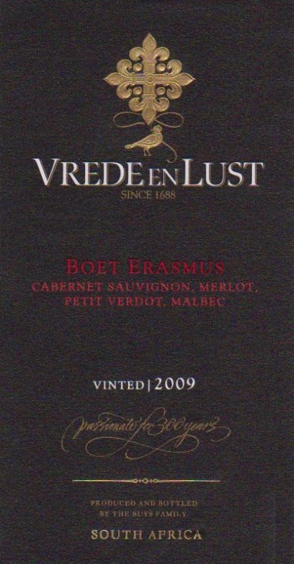 Vrede en Lust Boet Erasmus 2009 Front Label
