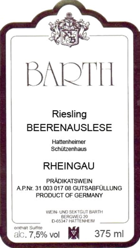 Wein und Sektgut Barth Hattenheim Hattenheimer Schutzenhaus Riesling Beerenauslese 2011 Front Label