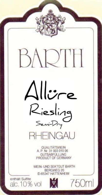 Wein und Sektgut Barth Allure Semi Dry Riesling 2011 Front Label