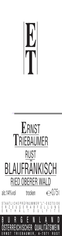 Ernst Triebaumer Ried Oberer Wald Blaufrankisch 2012 Front Label