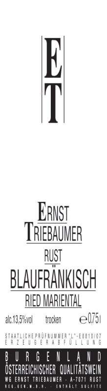 Ernst Triebaumer Ried Mariental Blaufrankisch 2010 Front Label