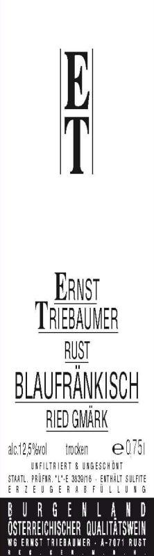 Ernst Triebaumer Ried Gmark Blaufrankisch 2015 Front Label