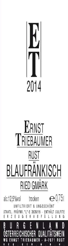 Ernst Triebaumer Ried Gmark Blaufrankisch 2014 Front Label