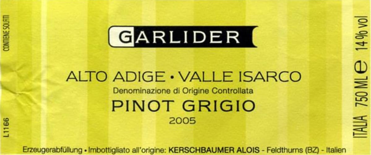 Garlider Valle Isarco Pinot Grigio 2005 Front Label