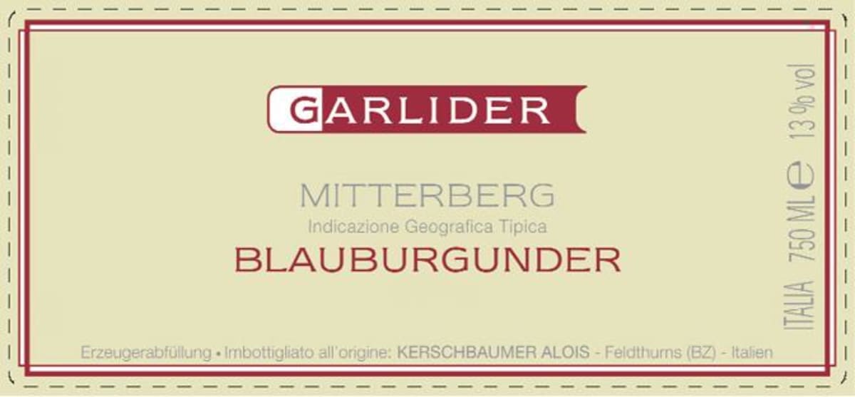 Garlider Sudtirol Blauburgunder 2012 Front Label