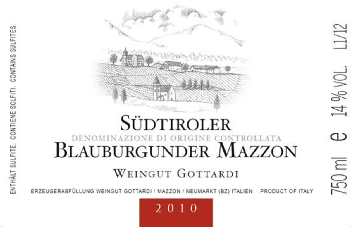 Weingut Gottardi Sudtirol Blauburgunder 2010 Front Label