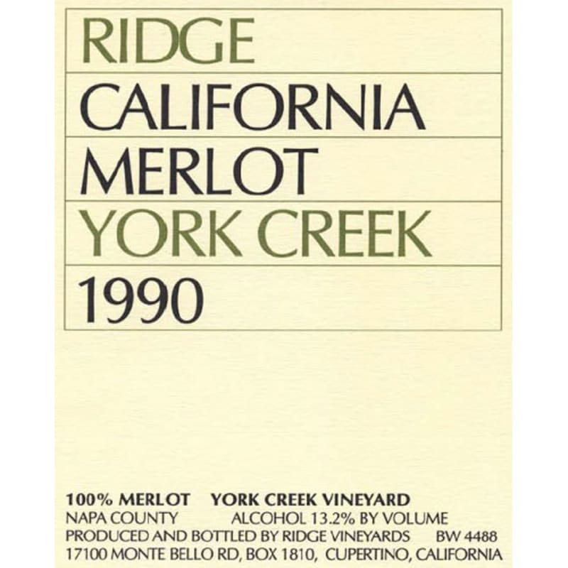 Ridge York Creek Merlot 1990 Front Label