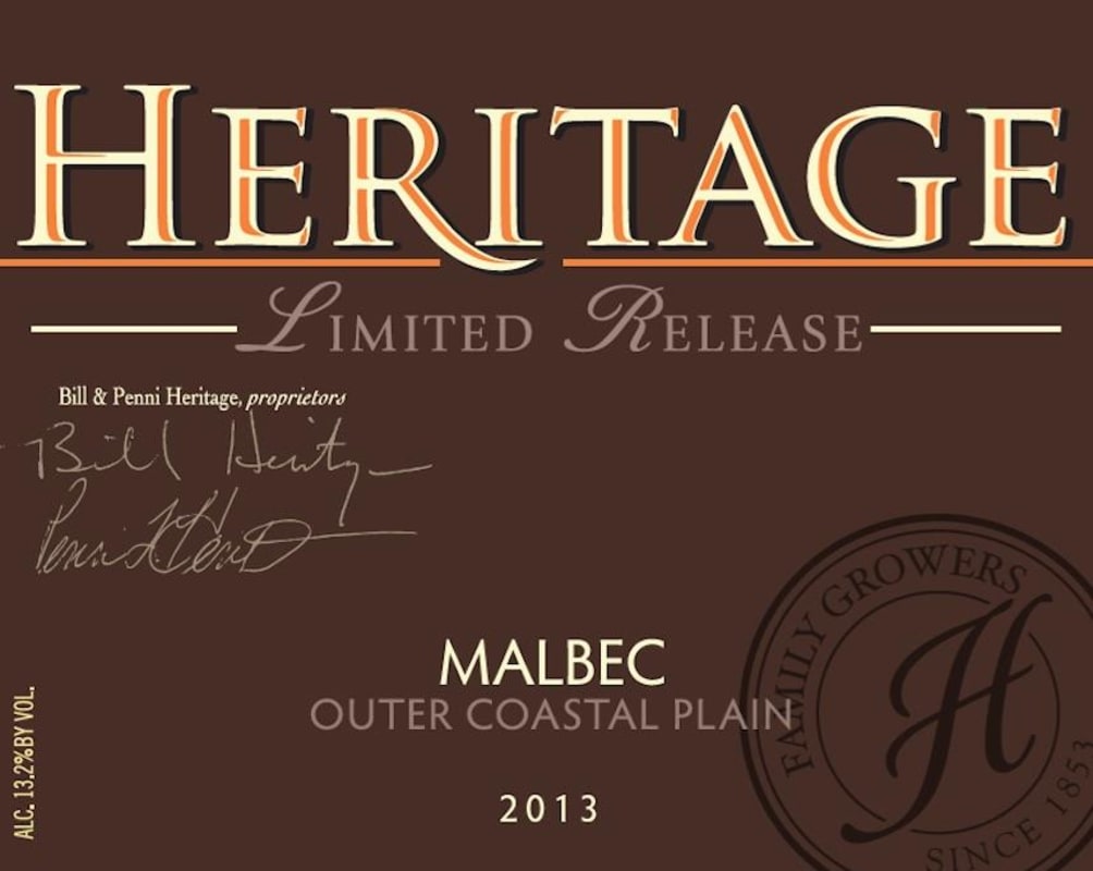 Heritage Vineyard Malbec 2013 Front Label