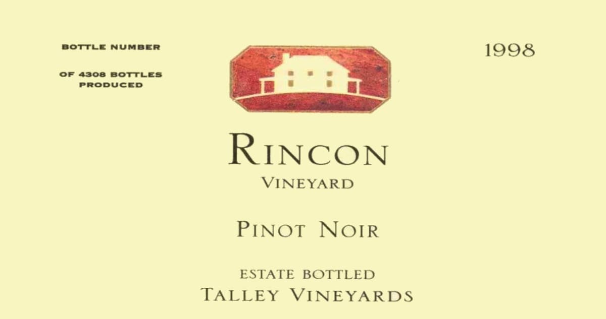 Talley Rincon Vineyard Pinot Noir 1998 Front Label