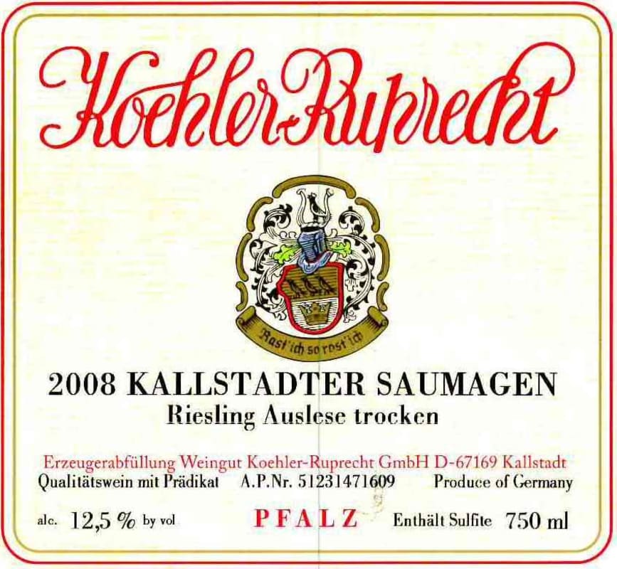 Koehler-Ruprecht Kallstadter Saumagen Auslese Trocken Riesling 2008 Front Label