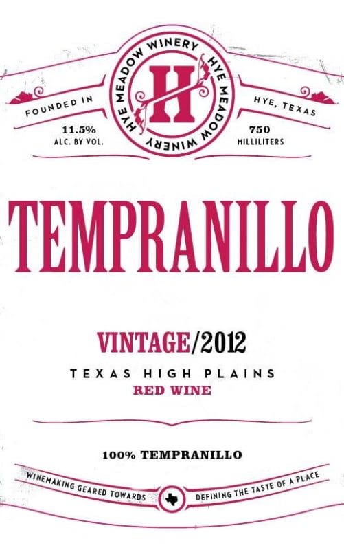 Hye Meadow Winery Tempranillo 2012 Front Label