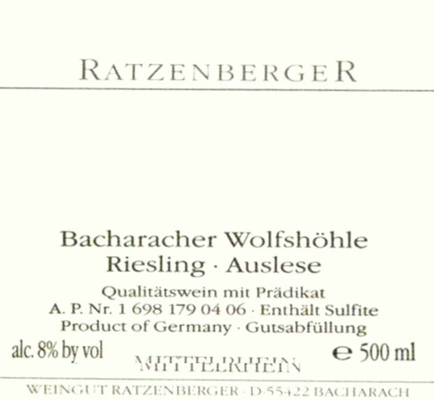 Weingut Ratzenberger Bacharacher Wolfshohle Auslese Riesling 2008 Front Label
