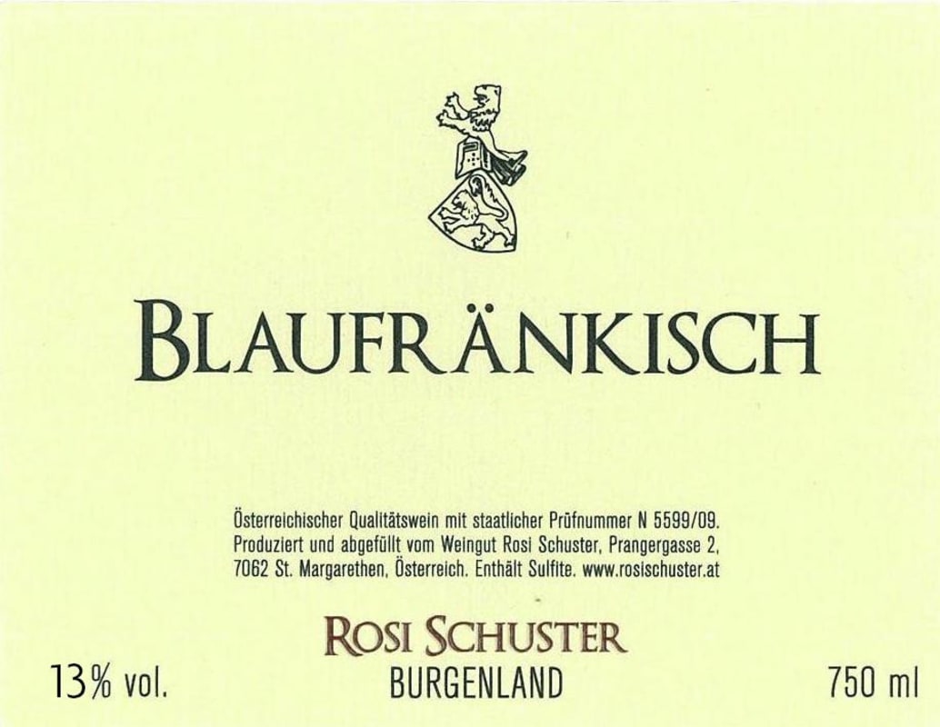 Weingut Rosi Schuster Burgenland Blaufrankisch 2012 Front Label