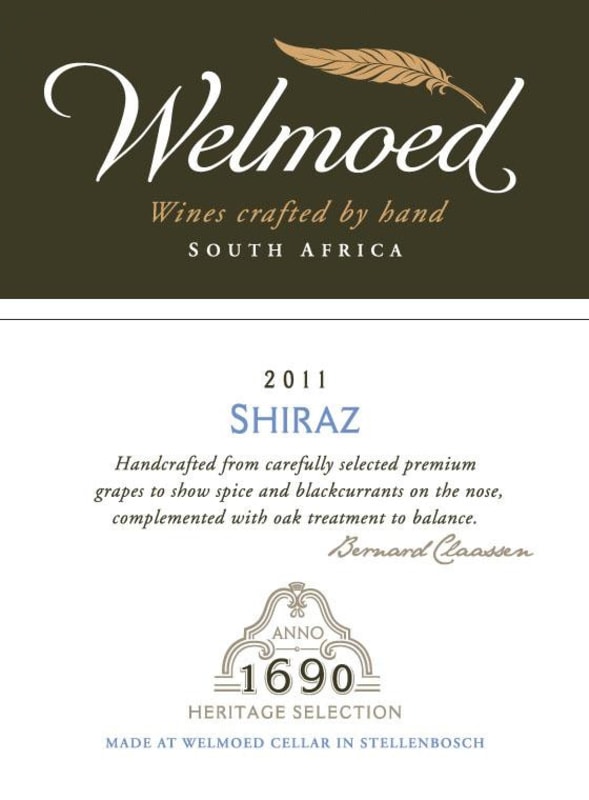 Welmoed Wines Shiraz 2011 Front Label