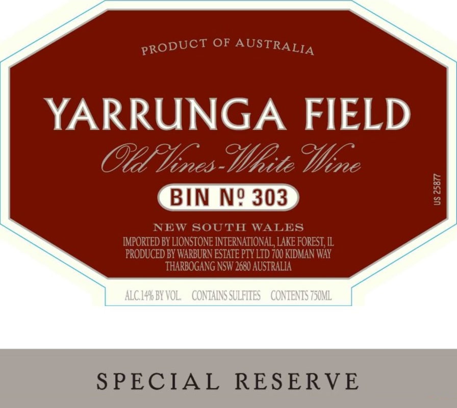 Yarrunga Field Old Vines Bin 303 Special Reserve White 2015 Front Label
