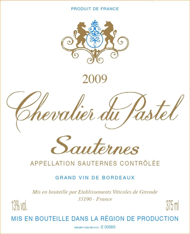 Yvon Mau Sauternes Chevalier du Pastel 2009 Front Label