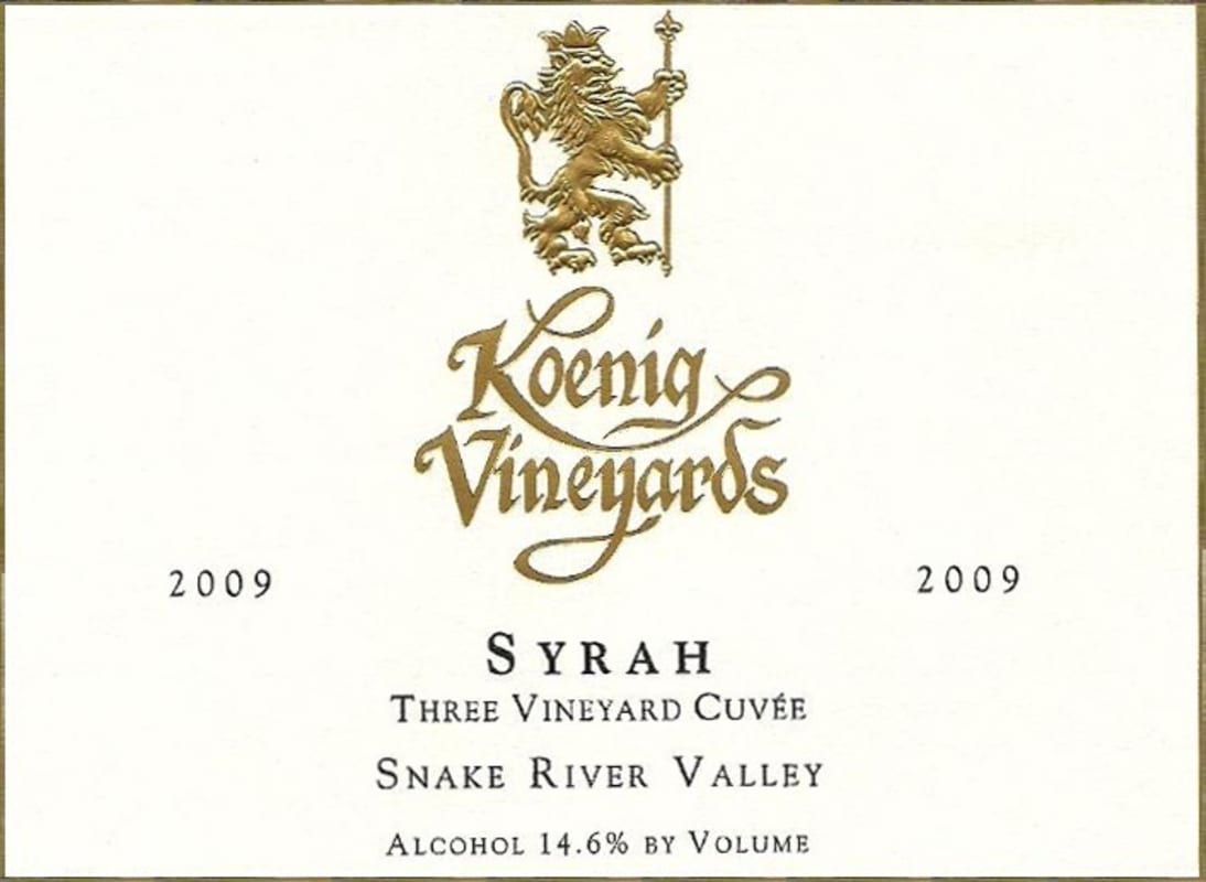Koenig Distillery and Winery Three Vineyard Cuvee Syrah 2009 Front Label