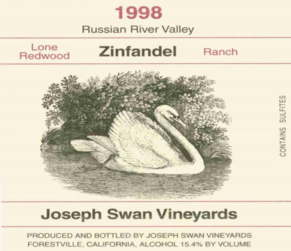 Joseph Swan Lone Redwood Ranch Zinfandel 1998 Front Label