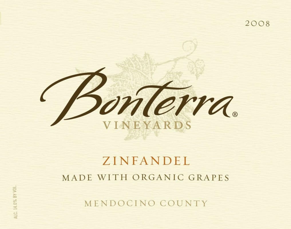 Bonterra Mendocino County Zinfandel 2008 Front Label