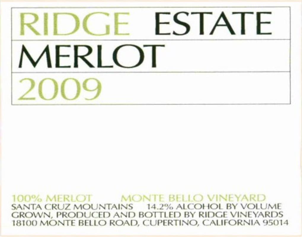Ridge Estate Merlot 2009 Front Label