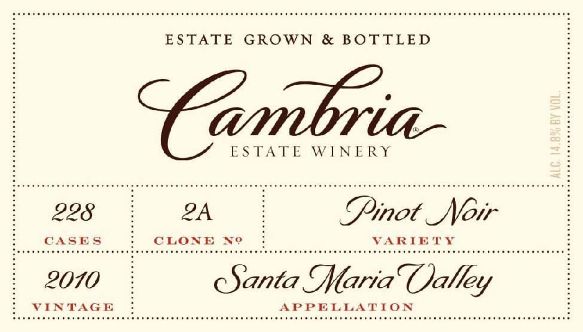 Cambria Clone 2A Pinot Noir 2010 Front Label