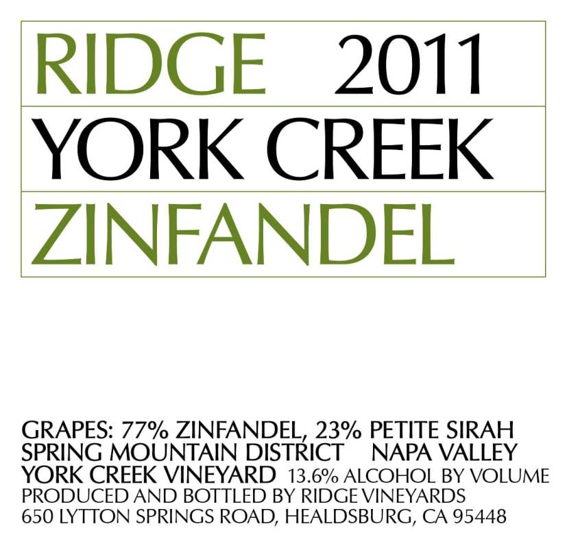 Ridge York Creek Zinfandel 2011 Front Label