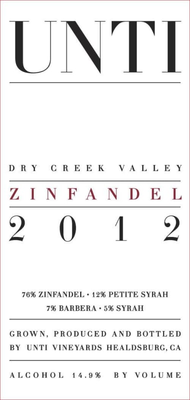 Unti Dry Creek valley Zinfandel 2012 Front Label