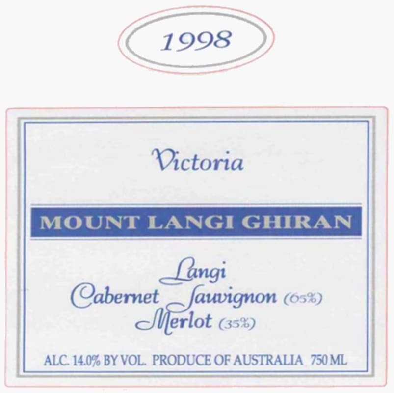 Mount Langi Ghiran Cabernet/Merlot 1998 Front Label