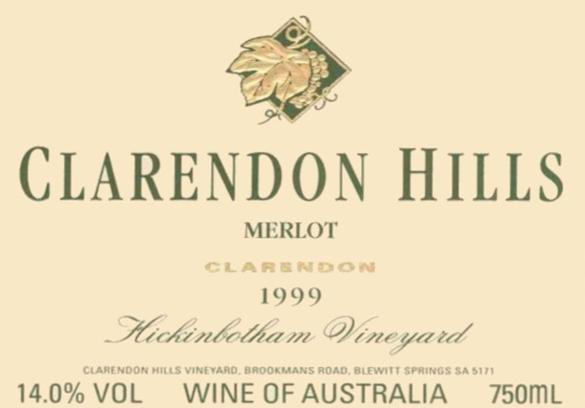 Clarendon Hills Hickinbotham Merlot 1999 Front Label