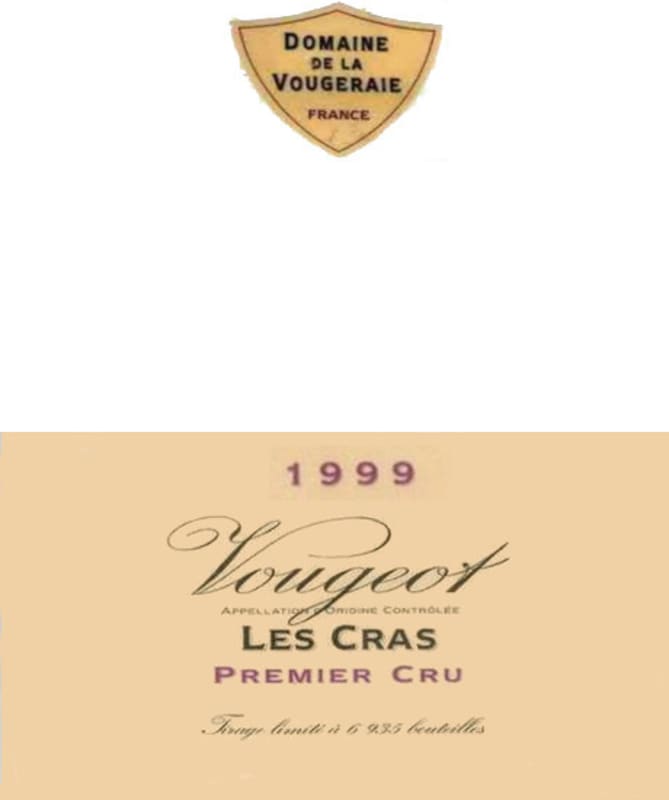 Domaine de la Vougeraie Vougeot Les Cras Premier Cru 1999 Front Label