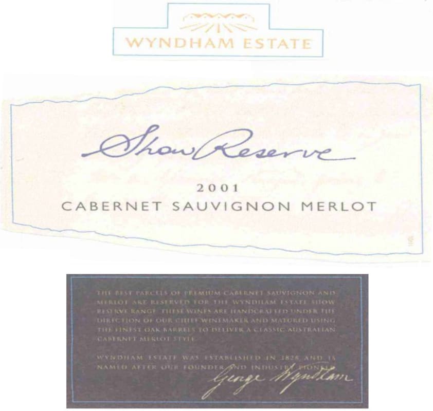 Wyndham Show Reserve Cabernet Merlot 2001 Front Label