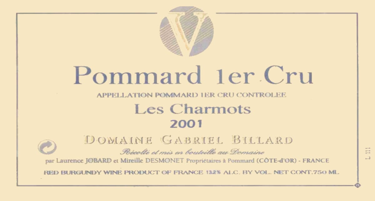 Gabriel Billard Pommard Les Charmots Premier Cru 2001 Front Label