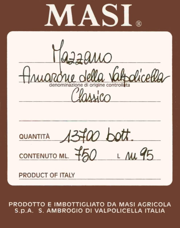 Masi Amarone della Valpolicella Classico Mazzano 2001 Front Label