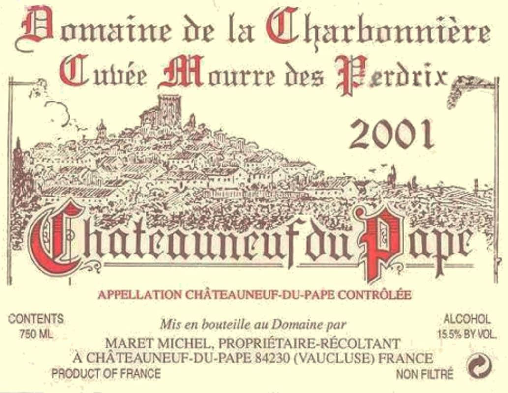 Domaine de la Charbonniere Chateauneuf-du-Pape Mourre des Perdrix 2001 Front Label