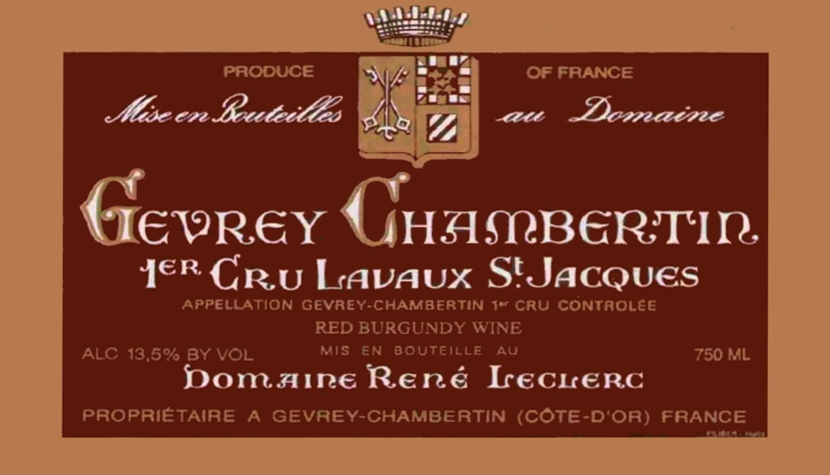 Rene Leclerc Gevrey Chambertin Lavaux St. Jacques Premier Cru 2002 Front Label
