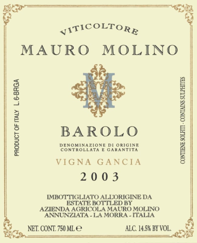 Mauro Molino Barolo Vigna Gancia 2003 Front Label
