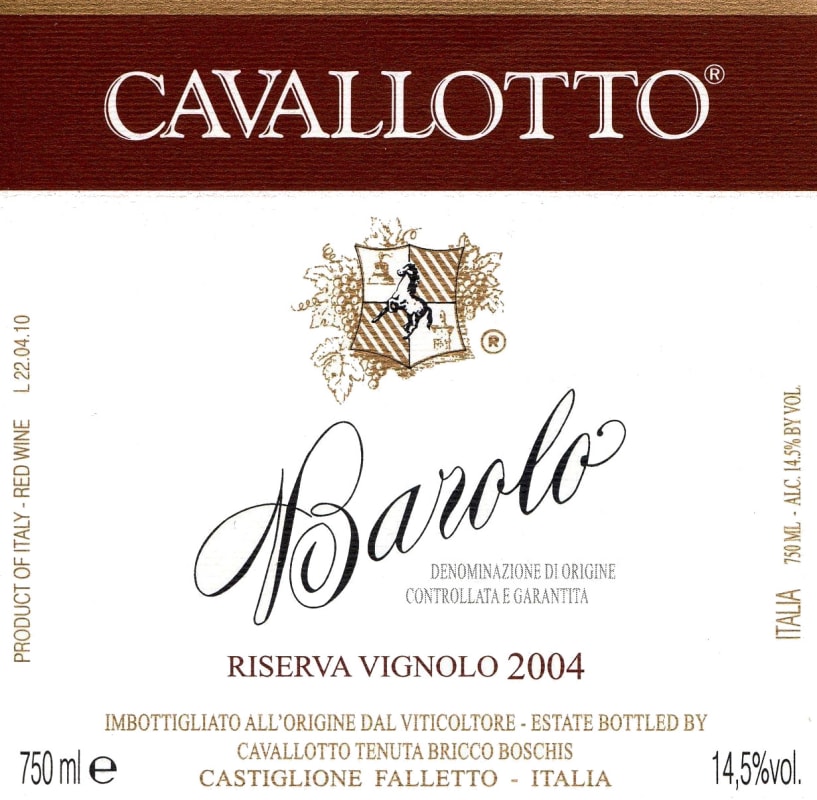 Cavallotto Barolo Vignolo Riserva 2004 Front Label